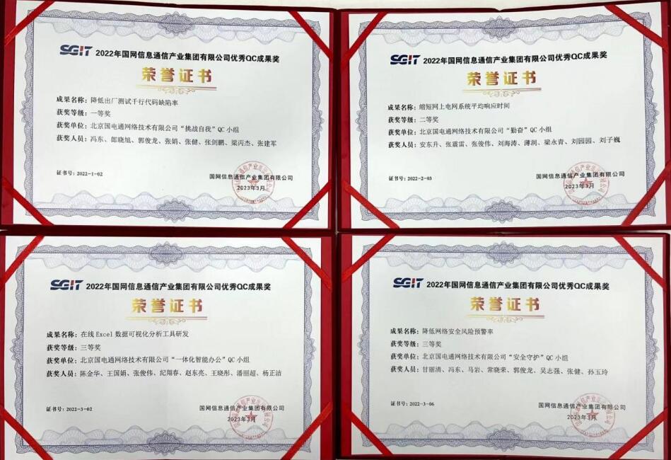信產(chǎn)國電通四項QC成果分獲國網(wǎng)信通產(chǎn)業(yè)集團2022年優(yōu)秀QC小組成果一、二、三等獎
