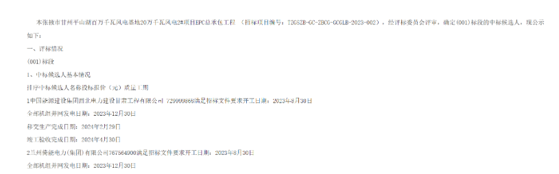 7.30億元！中國(guó)能建200MW風(fēng)電項(xiàng)目EPC總承包工程中標(biāo)候選人公示