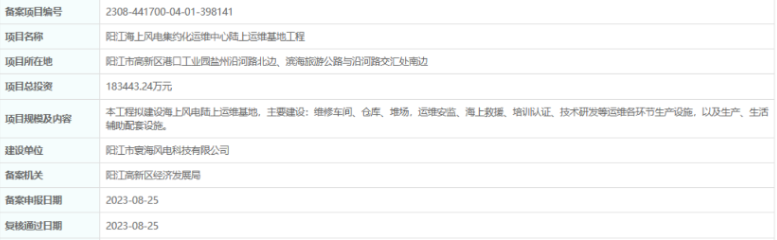 總投資超18億，陽江海上風電集約化運維中心陸上運維基地工程備案通過