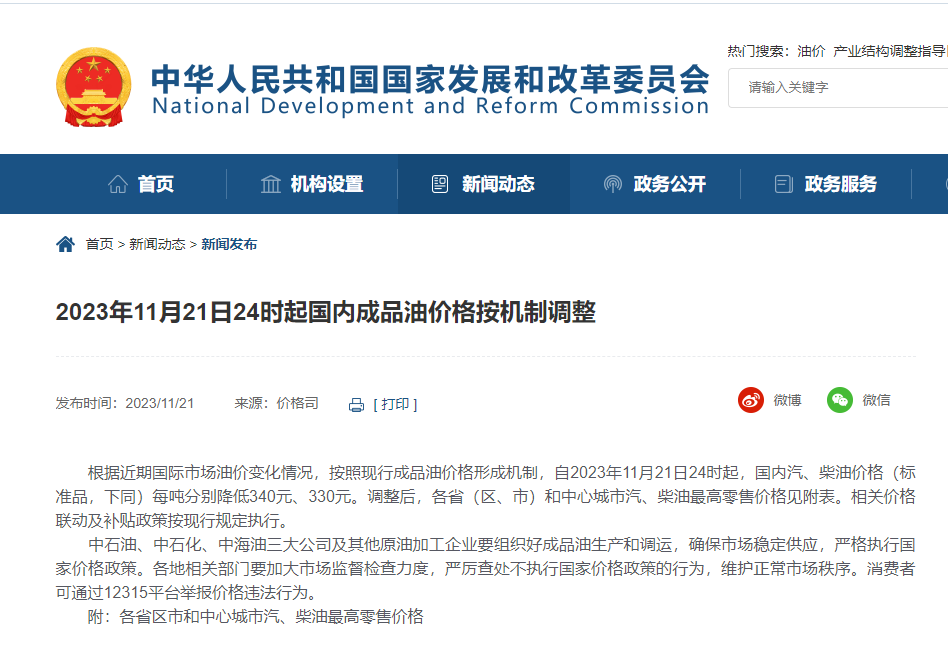 今晚，油價(jià)下調(diào)!附各省汽、柴油最高零售價(jià)